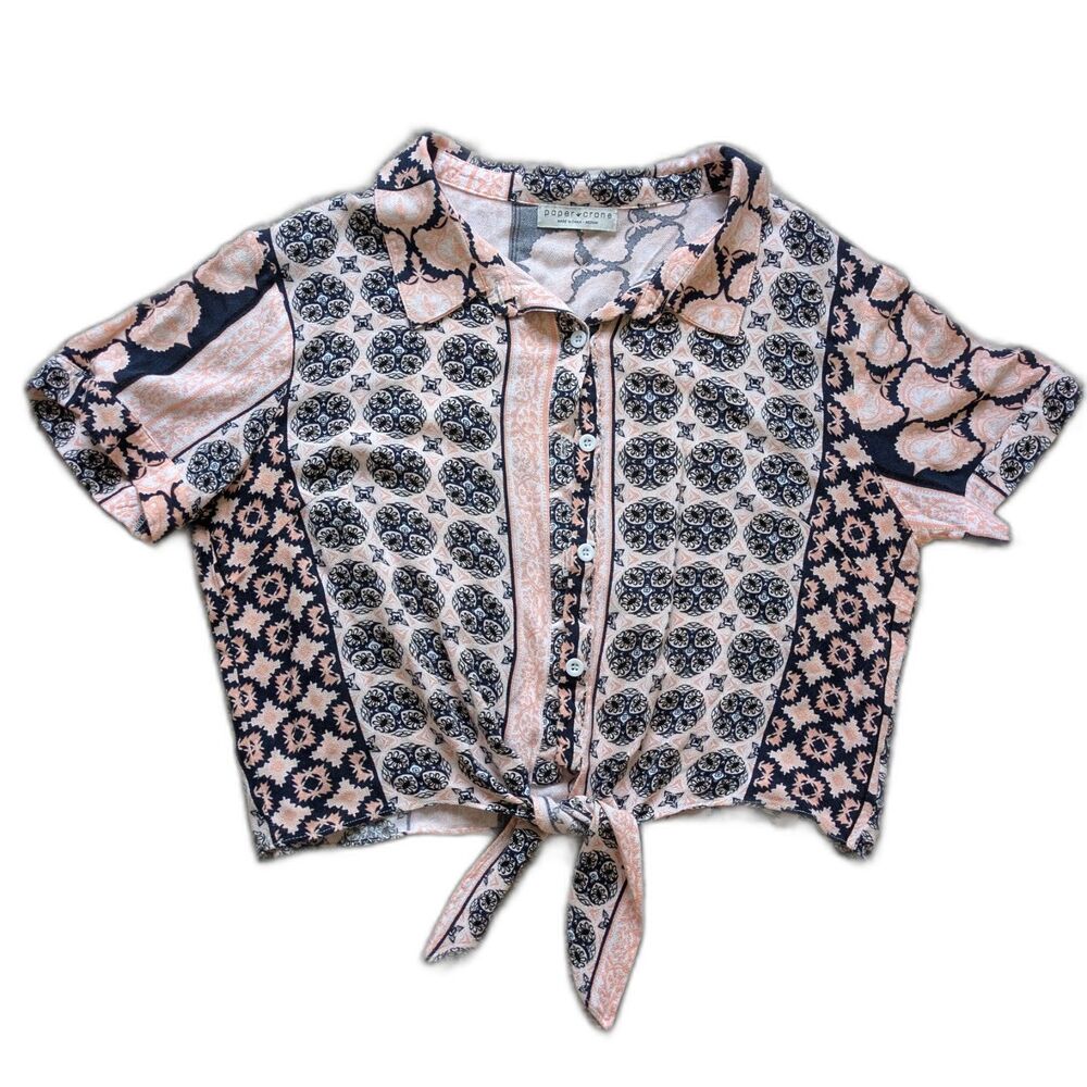 Paper Crown Anthropologie Rayon Cropped Print Short Sleeve Tie Front Top Sz M